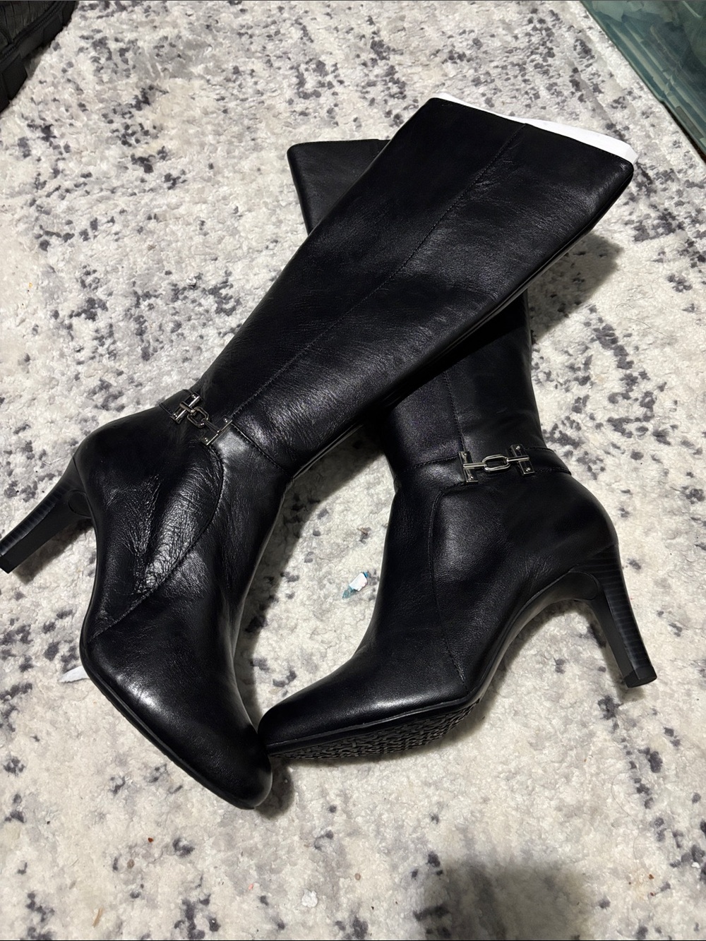 Bandolino Black Leather Mid-Calf Heeled Boots with Silver Accent